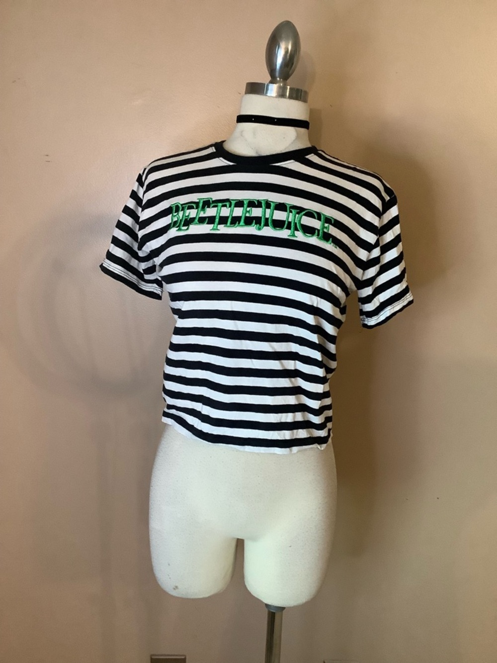 Beetlejuice Women’s Black & White Striped Green Embroidered Crop T Shirt XXS.